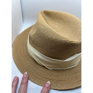 Genuine Milan Beige Straw Fedora Hat with White Silk Band Medium